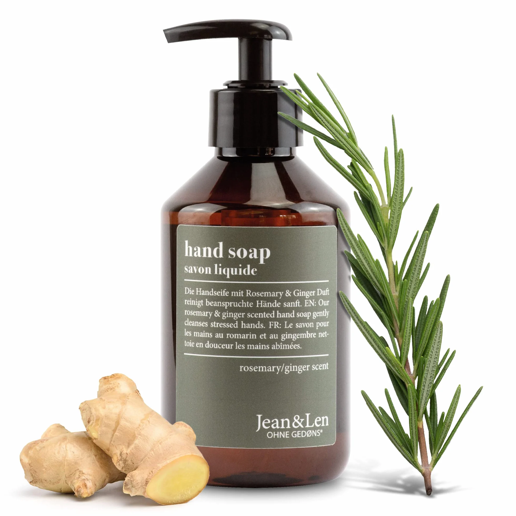 Jean & Len Sapone mani Rosemary & Ginger, deterge le mani affaticate, per l'uso quotidiano, sapone liquido nel dosatore ricaricabile, senza parabeni e siliconi, 250 ml