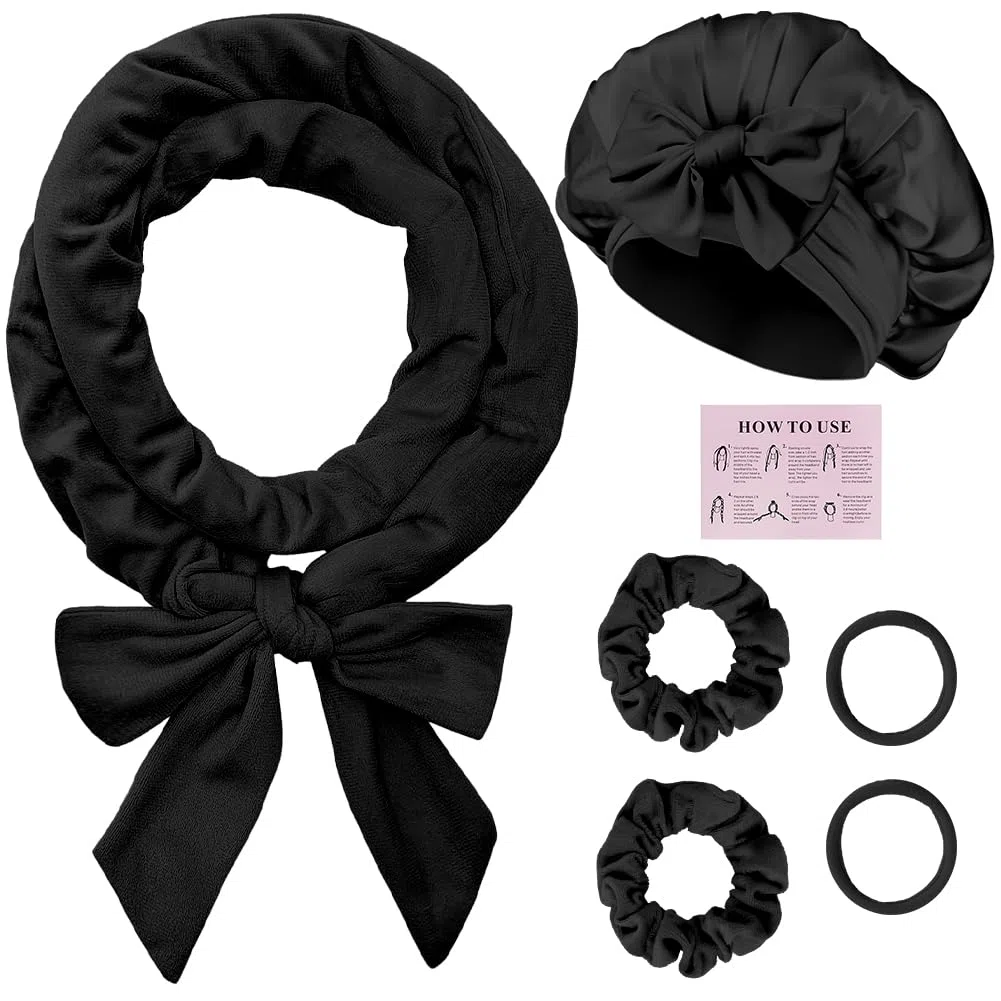 Bigodino per Boccoli, Fascia Bigodino 6 Kit Fai da Te, Con Cuffia di Seta, Senza Calore, Con Fascia per Capelli, Morbido, per Salon Barber, Capelli Medi Lunghi- Nero