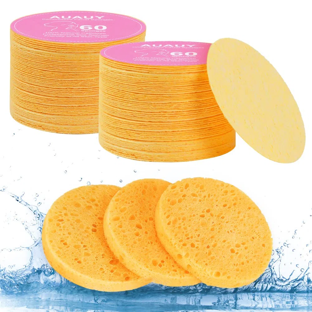 AUAUY 60Pz Spugnette Viso Pulizia, Viso Compressa Spugna, 100% Naturale Compresse Spugne per Viso in Cellulosa per la Pulizia del Facial, Esfoliante, Rimozione Trucco (Beige)