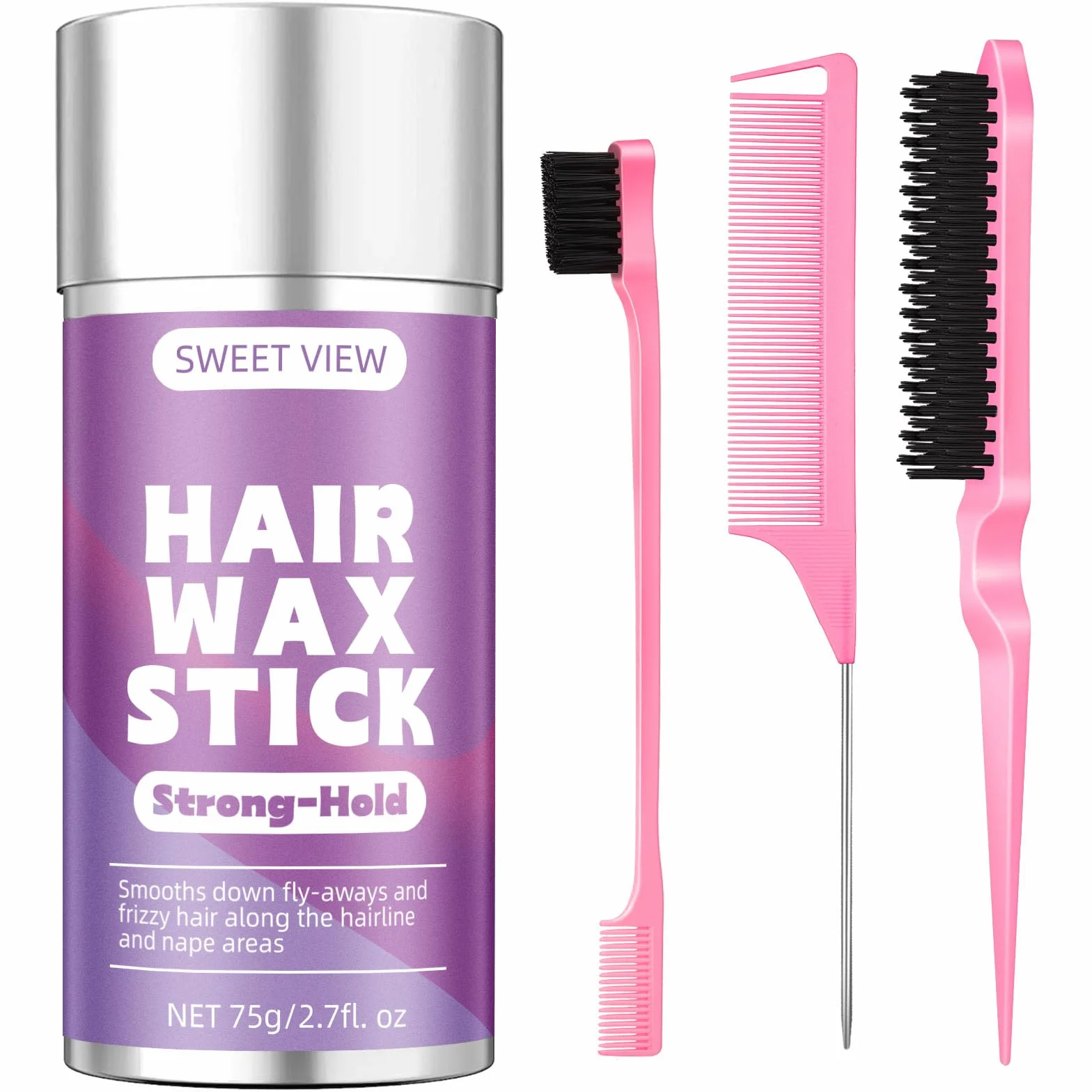 SWEET VIEW Bastoncino di cera per capelli e spazzola per capelli Slick Back per capelli sfibrati, capelli crespi, coda di cavallo, chignon, accessori per lo styling per ragazze e bambini.i