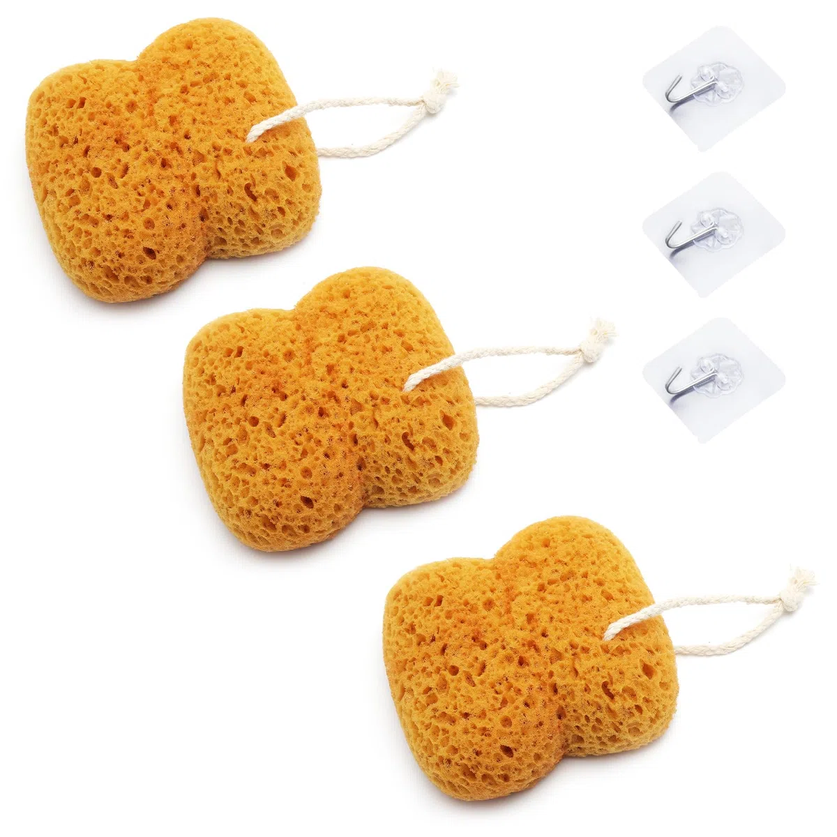 VOSSOT 3 spugne da bagno con cordino, spugna per doccia, corpo 13 cm, spugna per il corpo, spugna naturale, schiuma densa, spugna per doccia, spugna per il lavaggio del corpo con ganci, doccia e bagno