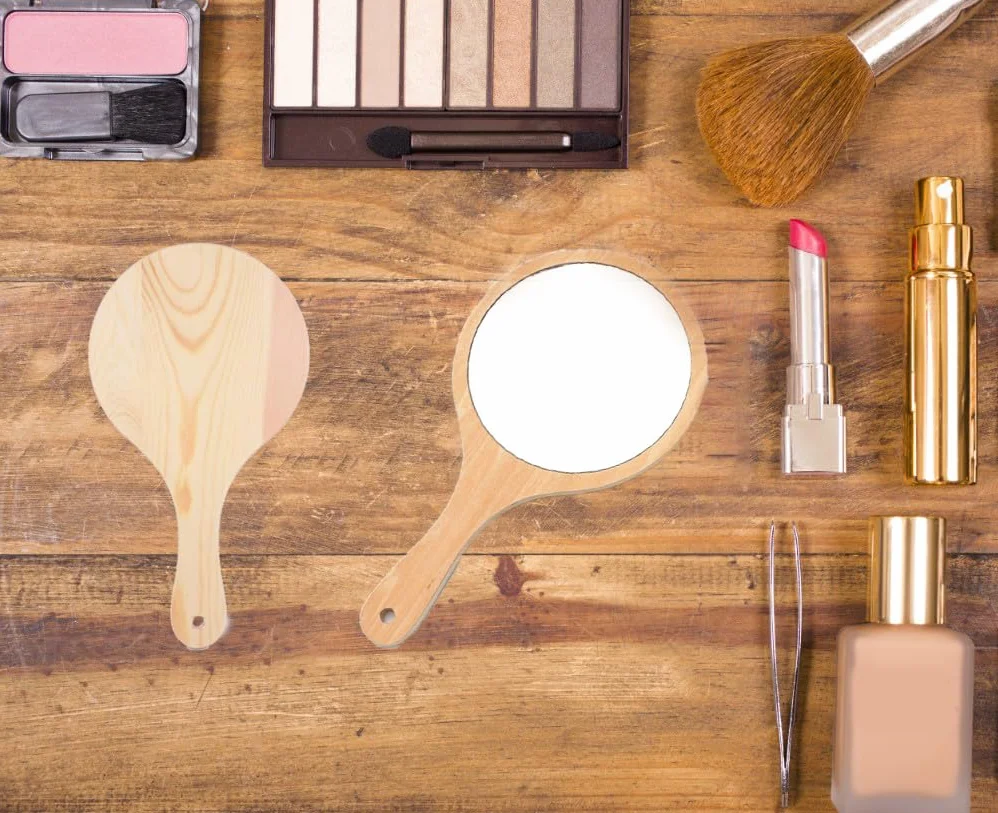 Specchio a Mano con Manico, Specchio Con Manico In Legno, Specchio Per Il Trucco Fatto A Mano Rotondo, Adatto per Trucco Taglio Capelli Cura del Viso Salone