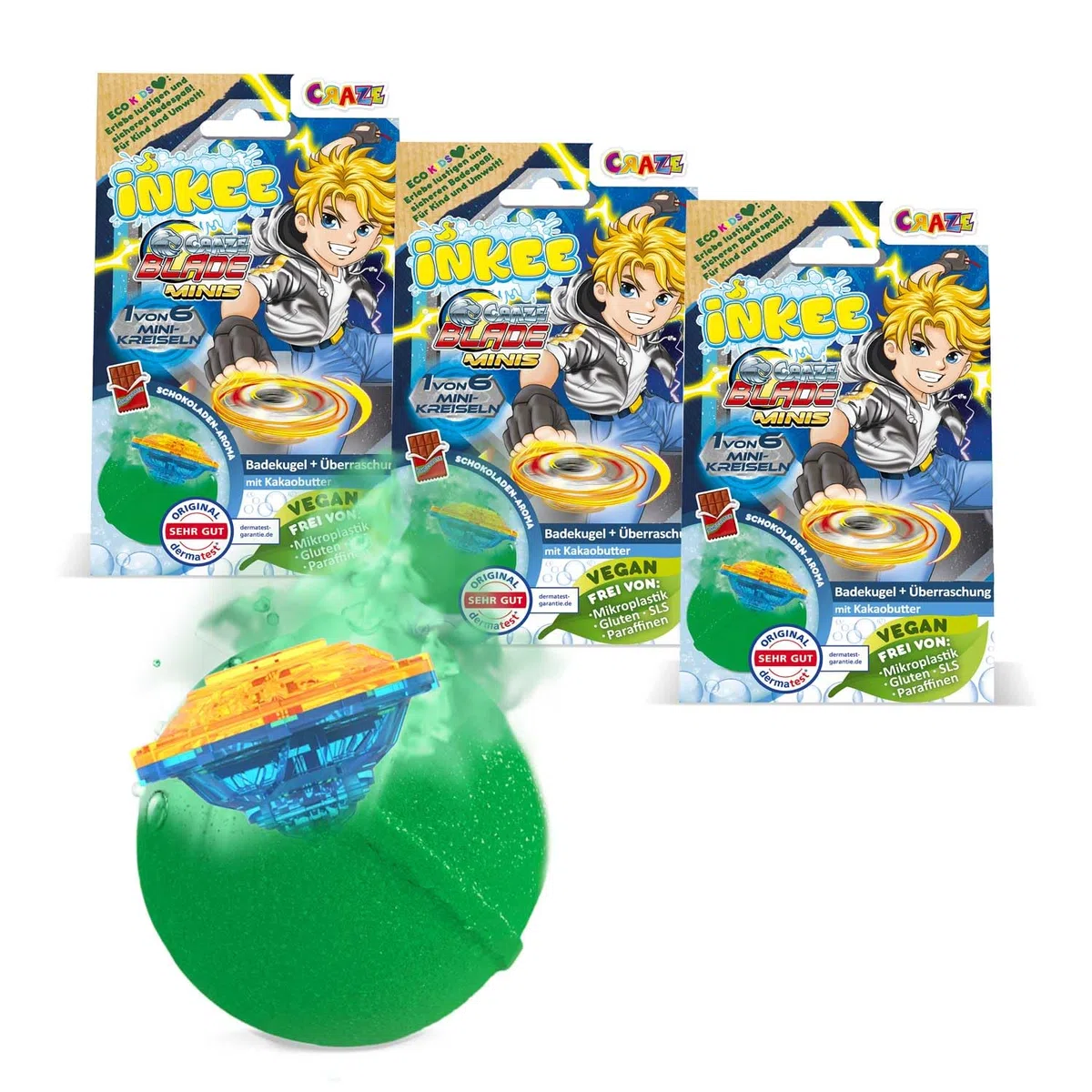 INKEE Surprise Blade spinning top - 3x bombe da bagno per bambini con sorpresa - 3 di 6 mini trottole BLADE - palline da bagno 3x 100g con profumo di cioccolato e burro di cacao, verde o rosso