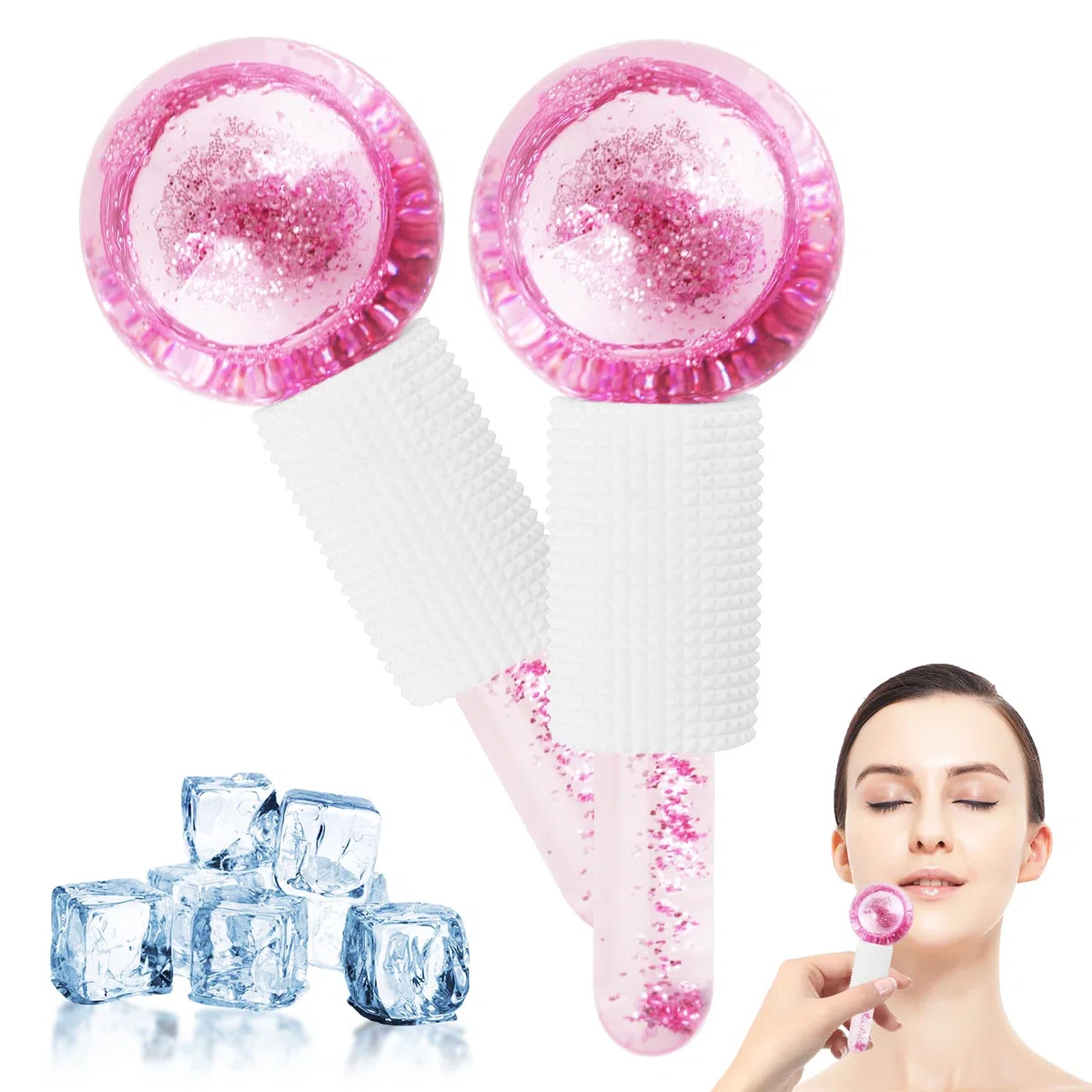 Rullo di Ghiaccio Facciale, GeeRic Palla Rullo di Ghiaccio per Viso/Occhi Massaggiatori di Pelle Apparecchi per Tonificare Viso Serrare e Tonificare Pelle Alleviare Gonfiore Viso Riduci i Pori (Rosa)