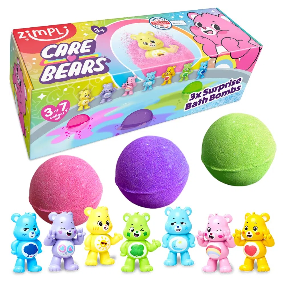 ZIMPLI - 3 x Large 100g Care Bears Surprise Baff Bombz, 1 dei 7 giocattoli Care Bear da collezionare, uno per ogni bomba da bagno, figurine da collezione per bambini e bambine