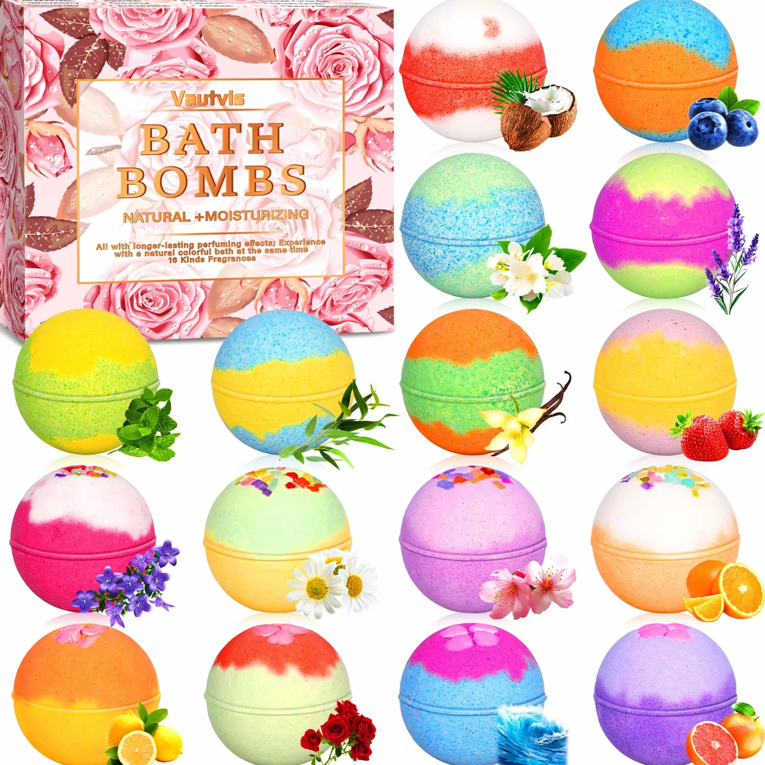 Bombe da Bagno, Set Bombe da Bagno Vasca 16 Pezzi, Palline da Bagno Donna con Olio Essenziale Naturali, Natale Regali Donna, Mamma, Amica