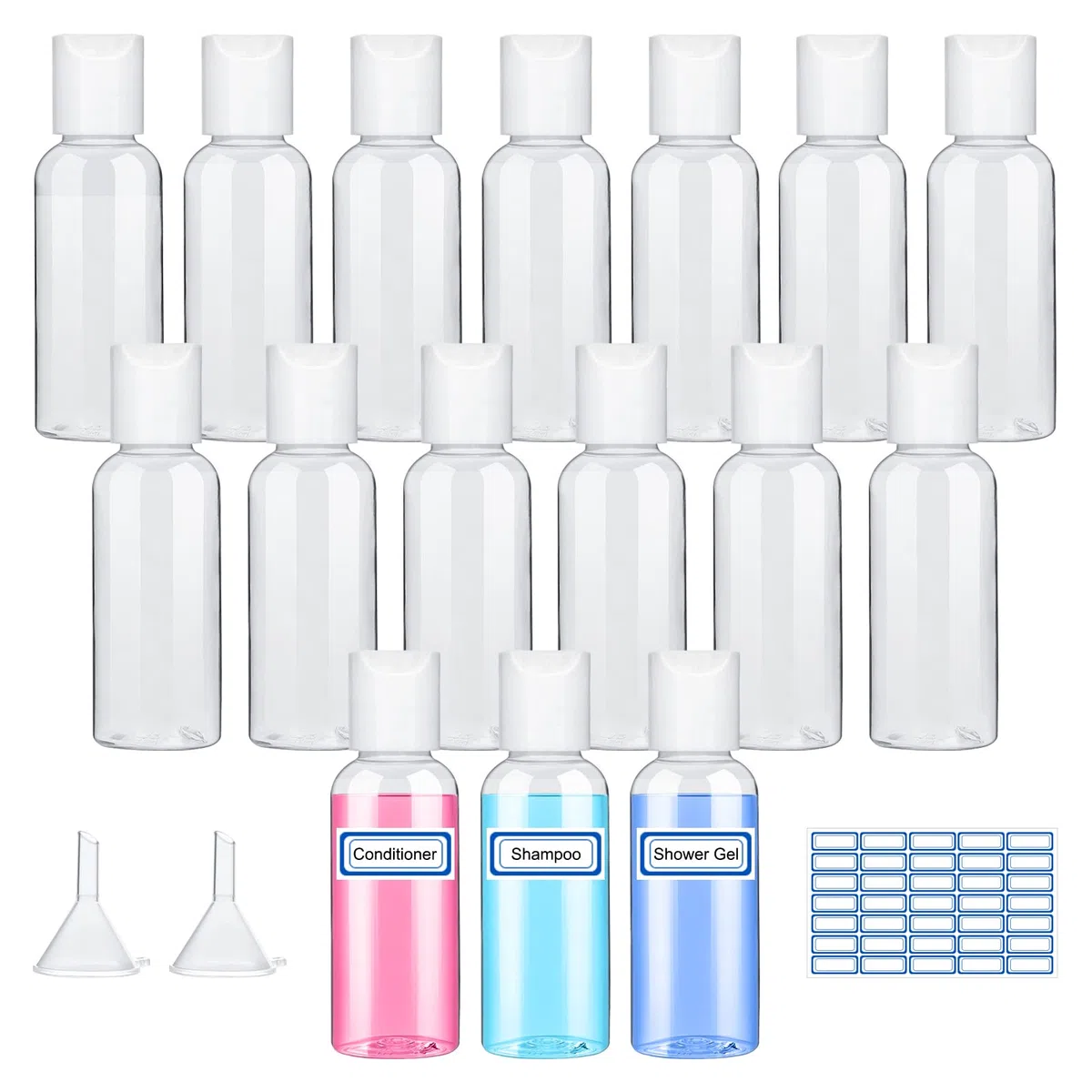 Flaconi da Viaggio 50 ml 16 Pezzi Boccette da Viaggio 50 ml Contenitori Viaggio Contenitori Liquidi Aereo Set Viaggio Liquidi con Imbuto e Adesivo per Shampoo Lozioni Liquide Creme
