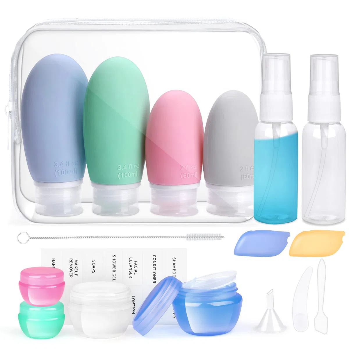 Opret Bottiglie da Viaggio in Silicone 18 Pezzi, 100ml 60ml Kit da Contenitori Flaconi da Viaggio Riutilizzabili, per Shampoo Bagnoschiuma Liquidi Lozione, Approvato dalla TSA